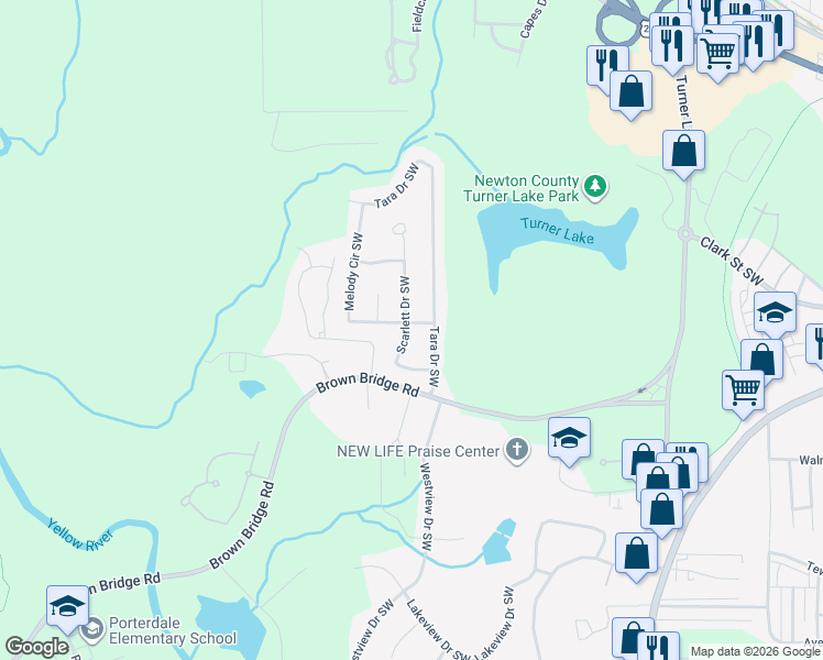 map of restaurants, bars, coffee shops, grocery stores, and more near 9198 Scarlett Drive Southwest in Covington