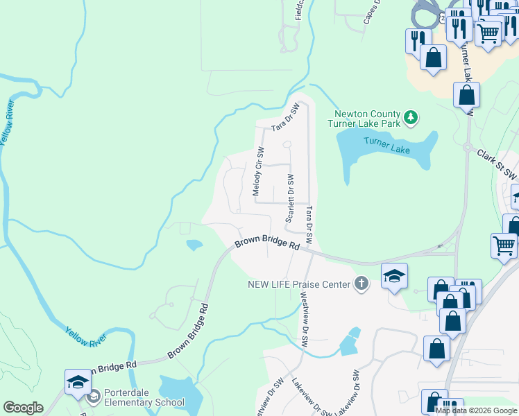 map of restaurants, bars, coffee shops, grocery stores, and more near 9195 Melody Circle Southwest in Covington