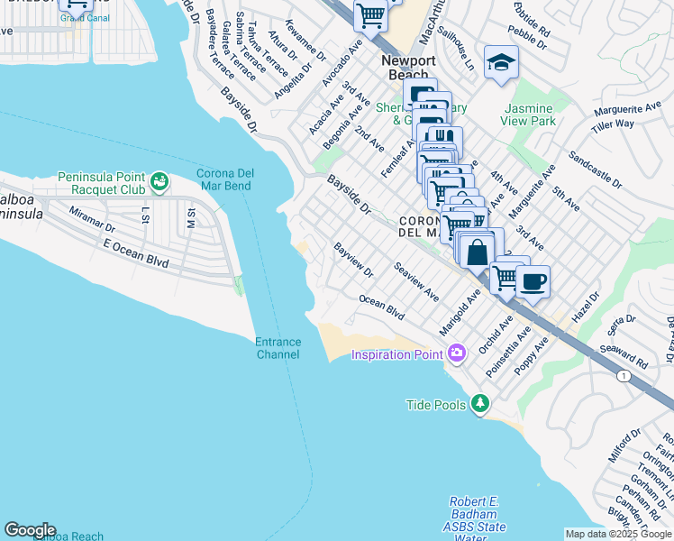 map of restaurants, bars, coffee shops, grocery stores, and more near 2800 Ocean Boulevard in Newport Beach