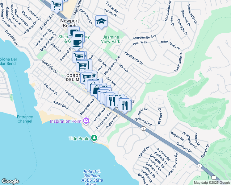 map of restaurants, bars, coffee shops, grocery stores, and more near 507 Orchid Avenue in Newport Beach