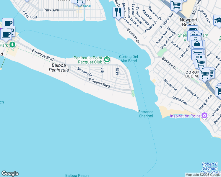 map of restaurants, bars, coffee shops, grocery stores, and more near 2049 East Ocean Boulevard in Newport Beach
