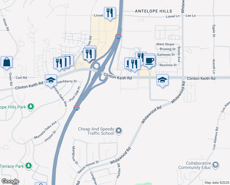 map of restaurants, bars, coffee shops, grocery stores, and more near 36125 Creighton Avenue in Murrieta