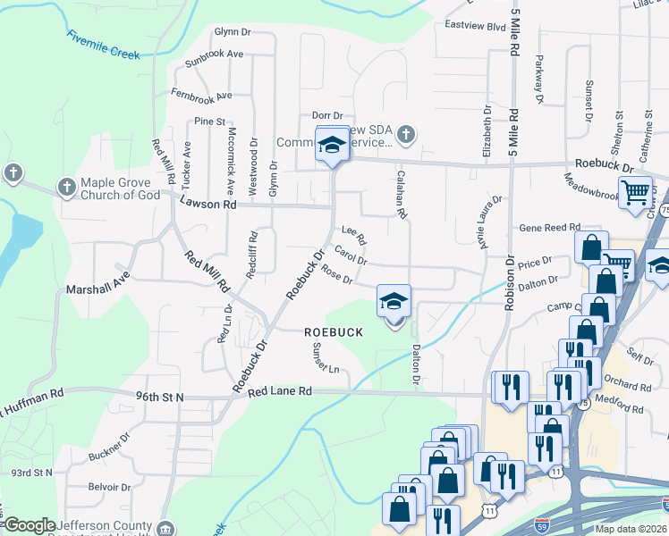 map of restaurants, bars, coffee shops, grocery stores, and more near 108 Rose Drive in Birmingham