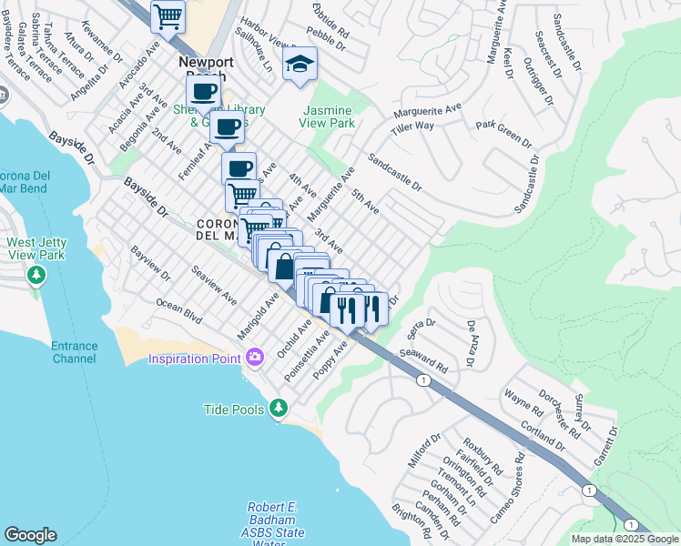 map of restaurants, bars, coffee shops, grocery stores, and more near 507 Orchid Avenue in Newport Beach