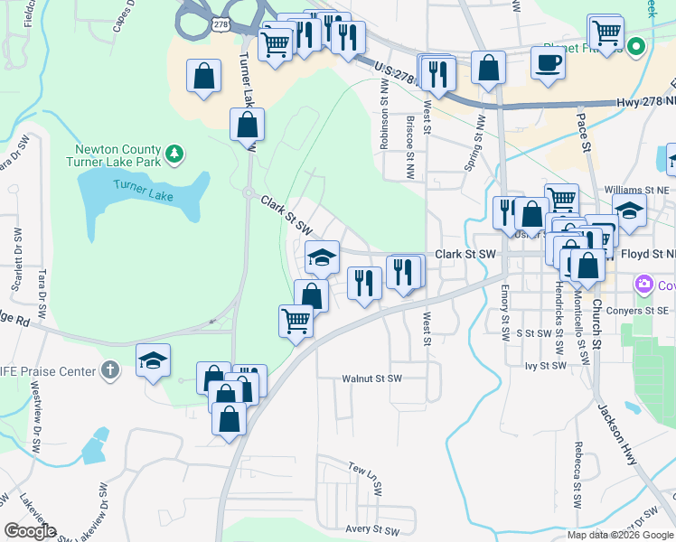 map of restaurants, bars, coffee shops, grocery stores, and more near 4149 Raphael Street in Covington