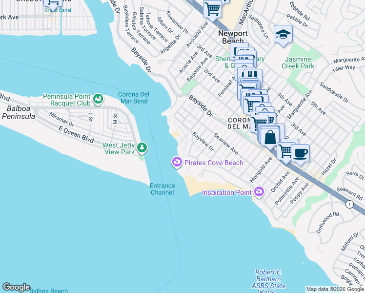 map of restaurants, bars, coffee shops, grocery stores, and more near 2708 Shell Street in Newport Beach