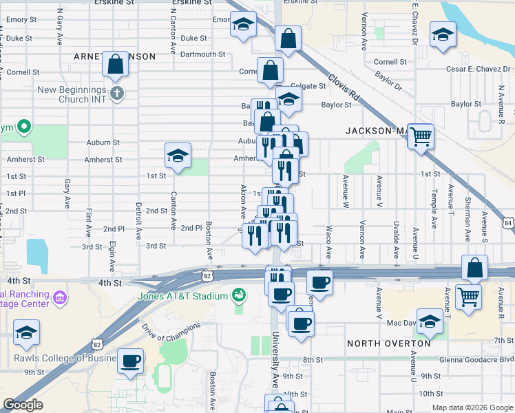 map of restaurants, bars, coffee shops, grocery stores, and more near 206 N University Ave in Lubbock