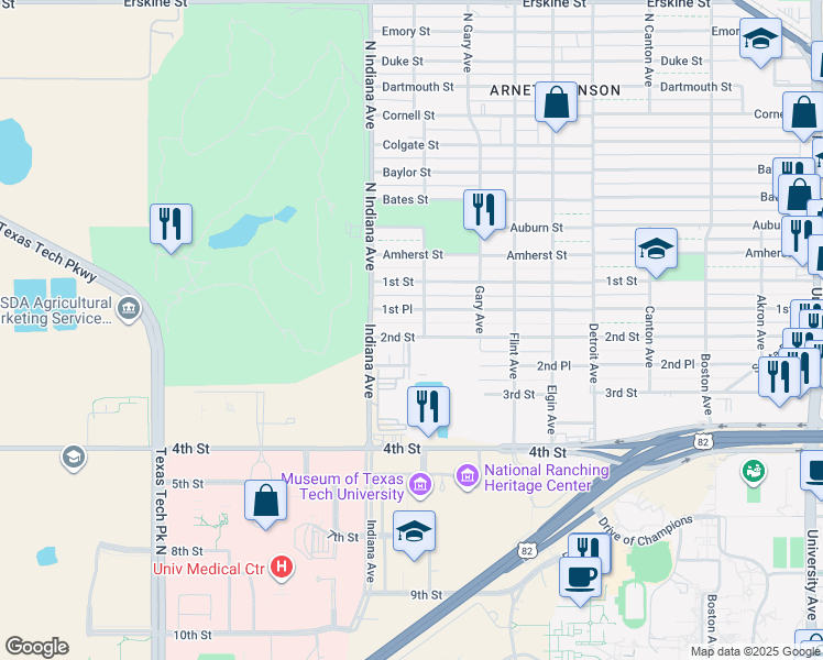 map of restaurants, bars, coffee shops, grocery stores, and more near 3132 Hartford Avenue in Lubbock