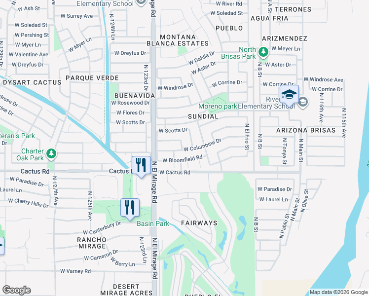 map of restaurants, bars, coffee shops, grocery stores, and more near 12401 North 122nd Avenue in El Mirage