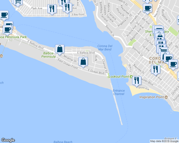 map of restaurants, bars, coffee shops, grocery stores, and more near 2045 East Ocean Boulevard in Newport Beach