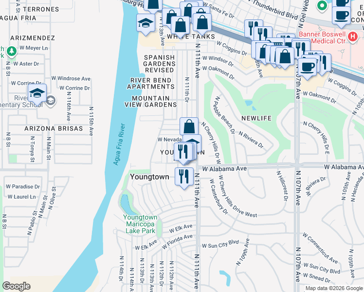 map of restaurants, bars, coffee shops, grocery stores, and more near 12212 North 112th Avenue in Youngtown