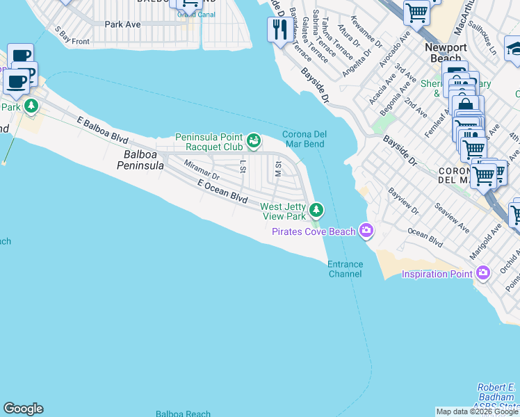 map of restaurants, bars, coffee shops, grocery stores, and more near 2045 East Ocean Boulevard in Newport Beach