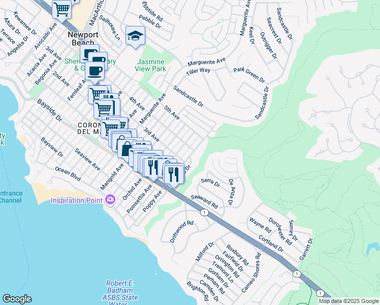 map of restaurants, bars, coffee shops, grocery stores, and more near 617 Poppy Avenue in Newport Beach