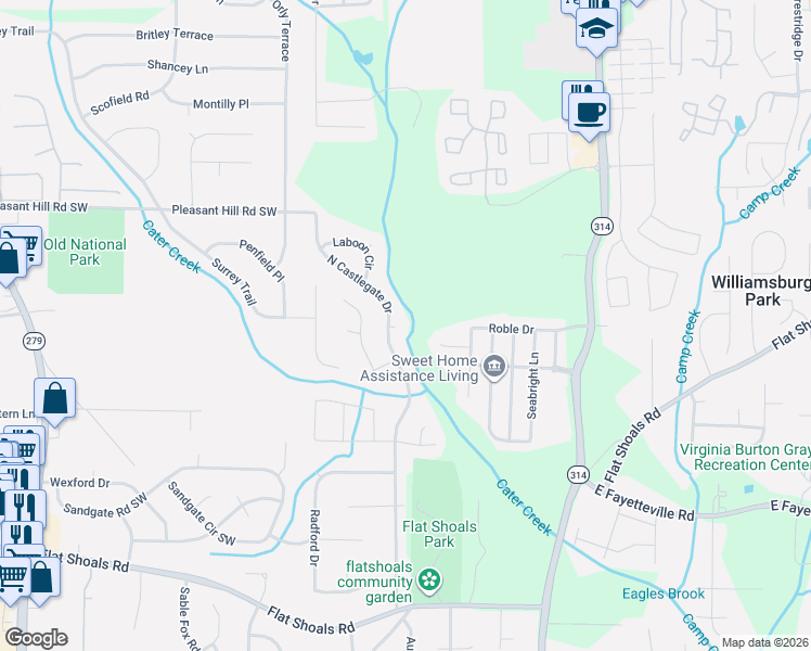 map of restaurants, bars, coffee shops, grocery stores, and more near 5868 North Castlegate Drive in Atlanta