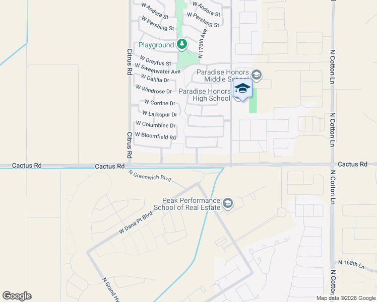 map of restaurants, bars, coffee shops, grocery stores, and more near 17639 West Charter Oak Road in Surprise