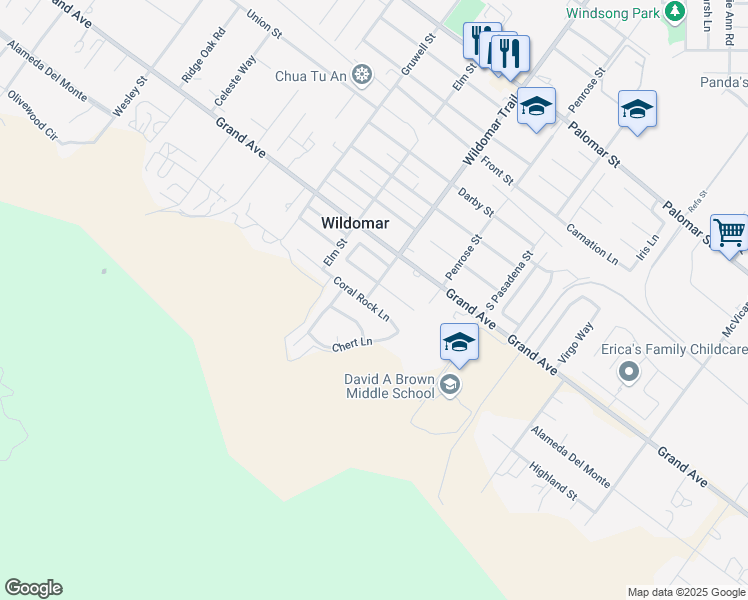 map of restaurants, bars, coffee shops, grocery stores, and more near 21552 Coral Rock Lane in Wildomar