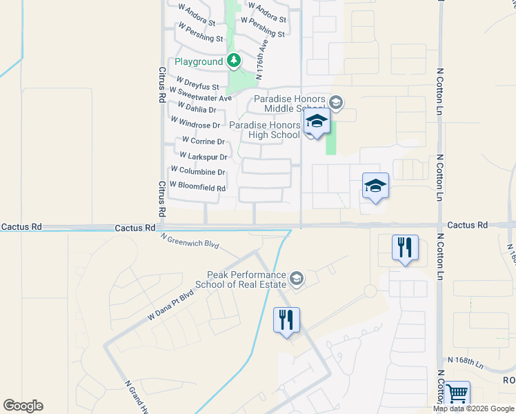 map of restaurants, bars, coffee shops, grocery stores, and more near 17639 West Charter Oak Road in Surprise