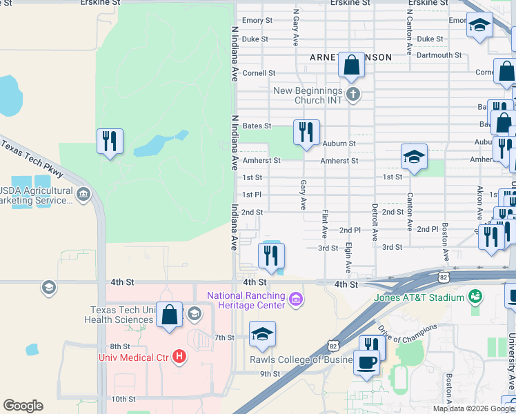 map of restaurants, bars, coffee shops, grocery stores, and more near 3132 Hartford Avenue in Lubbock
