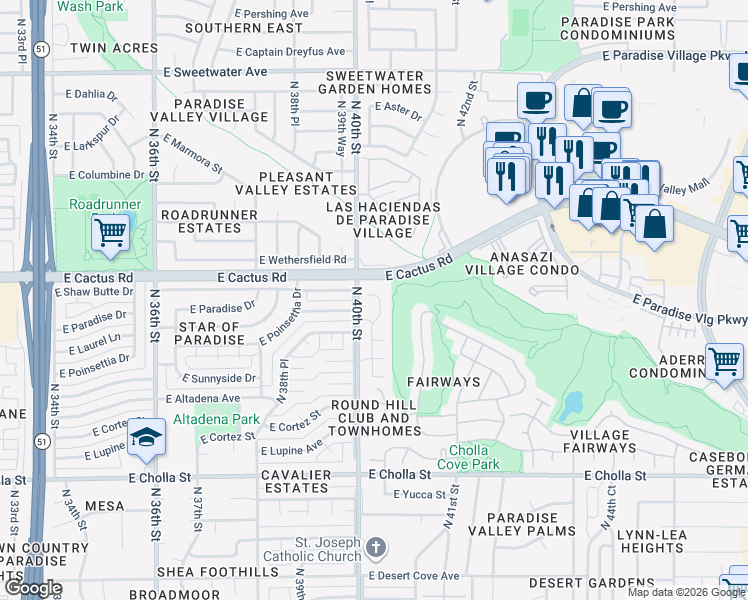 map of restaurants, bars, coffee shops, grocery stores, and more near 12009 North 40th Way in Phoenix