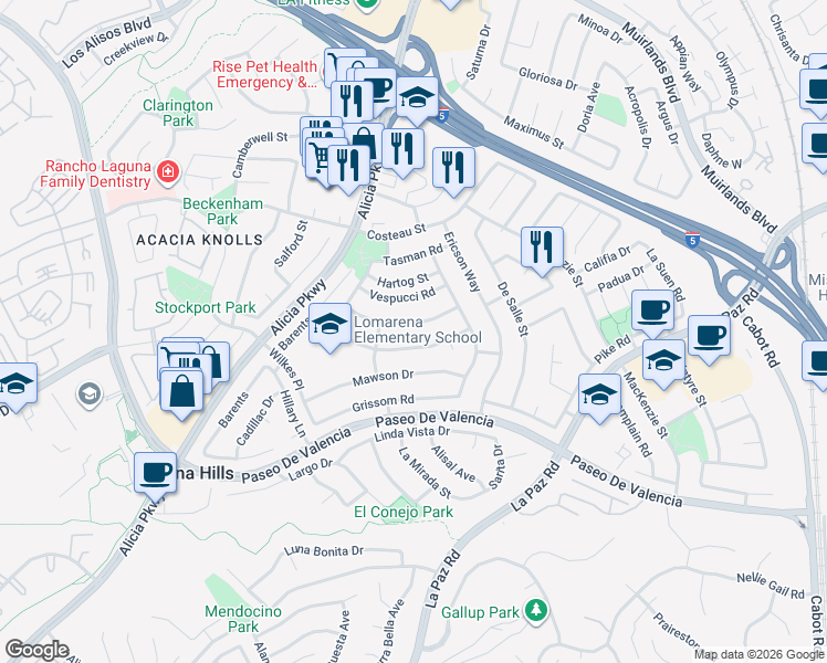map of restaurants, bars, coffee shops, grocery stores, and more near 25202 Earhart Road in Laguna Hills