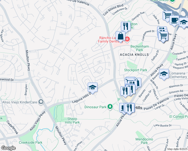 map of restaurants, bars, coffee shops, grocery stores, and more near 855 Ronda Mendoza in Laguna Woods
