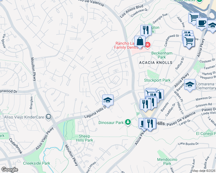 map of restaurants, bars, coffee shops, grocery stores, and more near 855 Ronda Mendoza in Laguna Woods