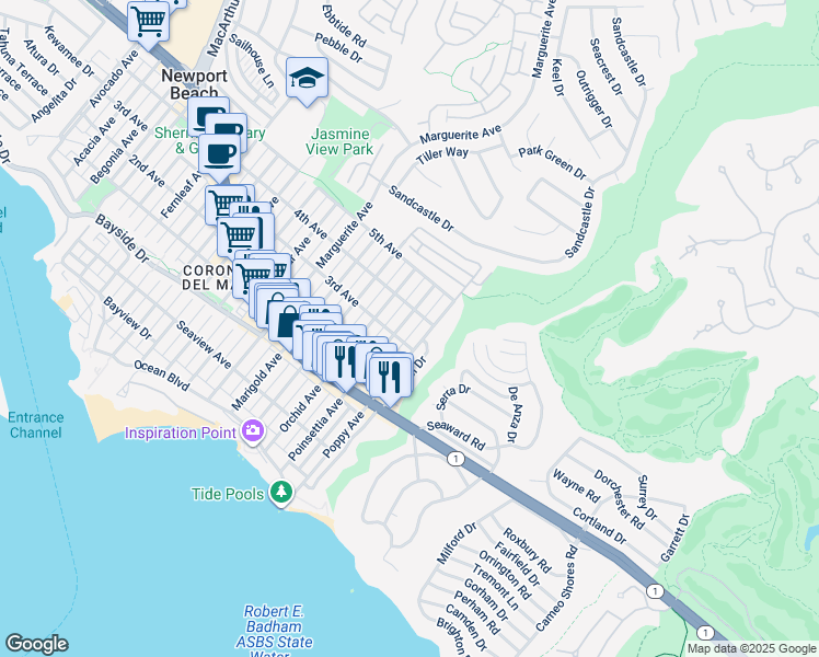 map of restaurants, bars, coffee shops, grocery stores, and more near 521 Poppy Avenue in Newport Beach