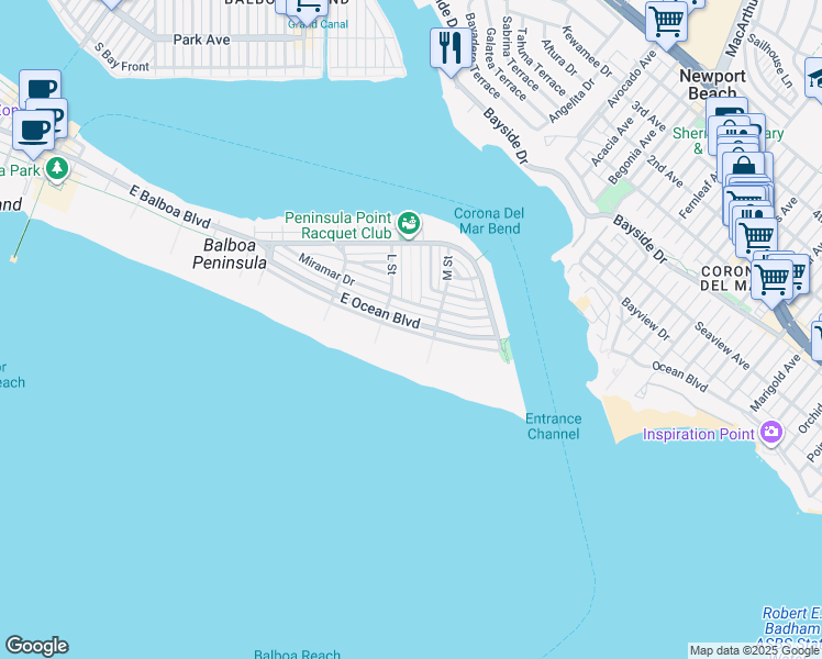 map of restaurants, bars, coffee shops, grocery stores, and more near 2060 East Oceanfront in Newport Beach
