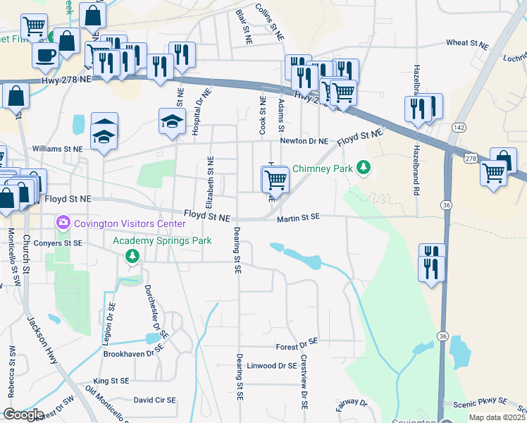 map of restaurants, bars, coffee shops, grocery stores, and more near 5143 Floyd Street Northeast in Covington