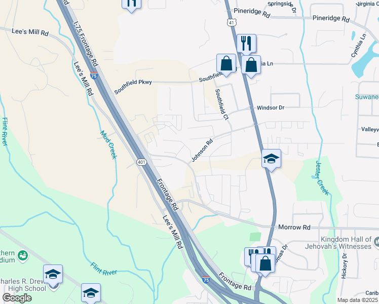 map of restaurants, bars, coffee shops, grocery stores, and more near 100 Johnson Road in Forest Park
