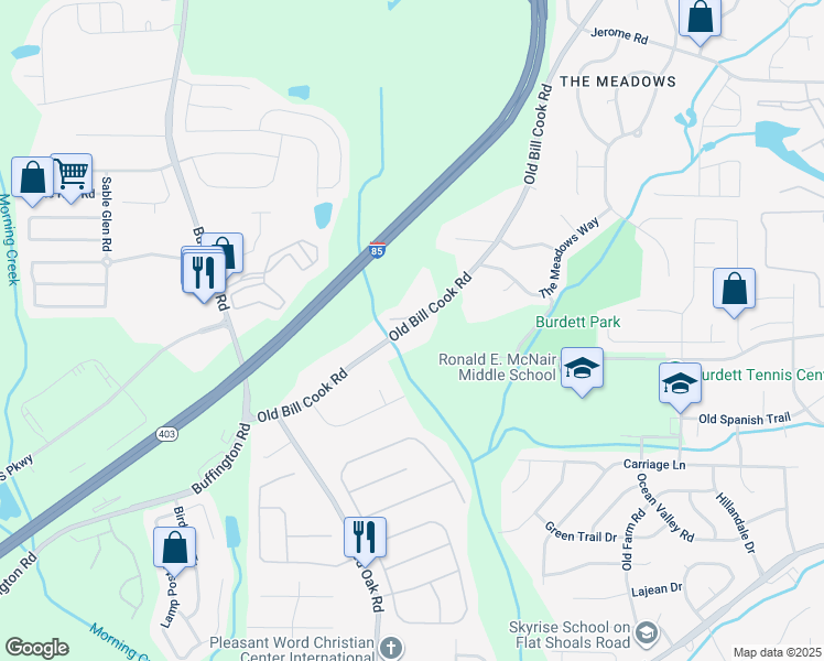 map of restaurants, bars, coffee shops, grocery stores, and more near 5850 Old Bill Cook Road in Atlanta