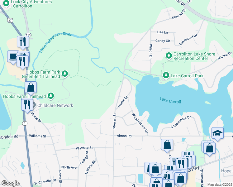 map of restaurants, bars, coffee shops, grocery stores, and more near 816 Stewart Street in Carrollton