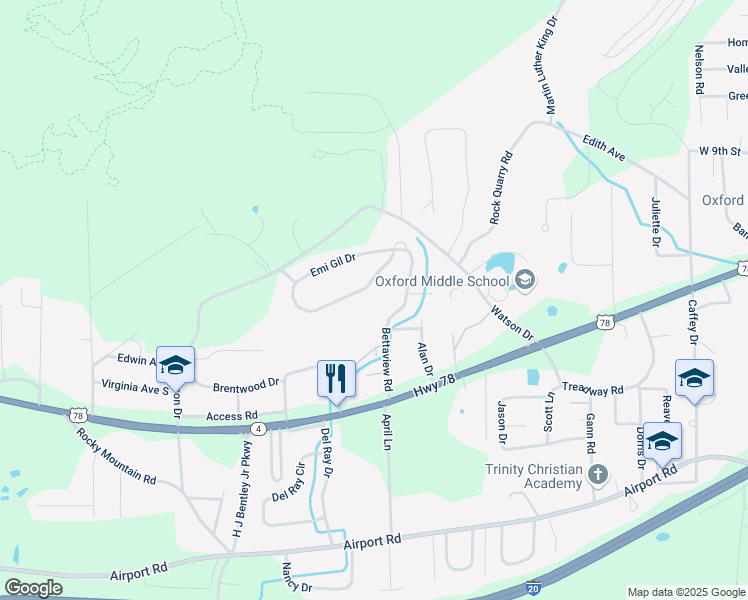 map of restaurants, bars, coffee shops, grocery stores, and more near 261 Betta View Road in Oxford