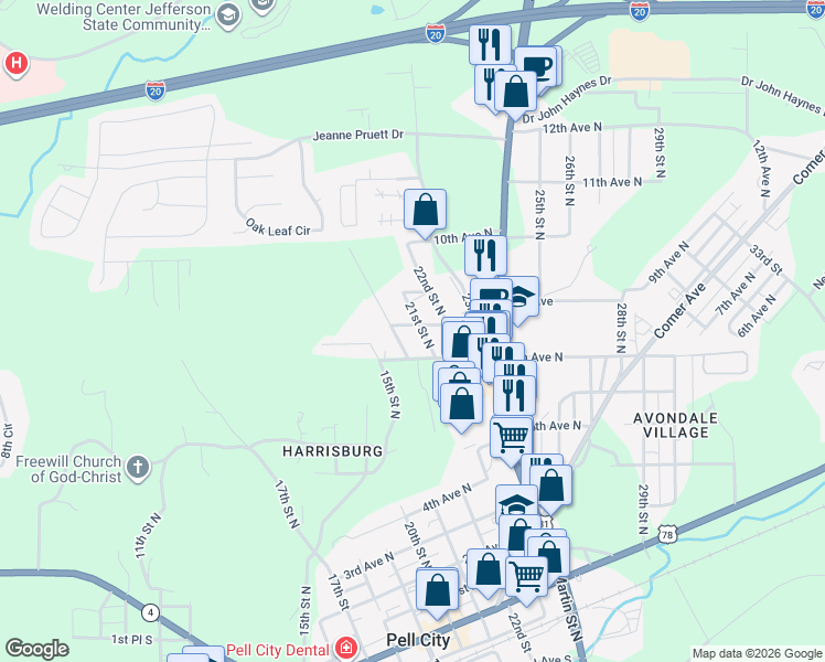 map of restaurants, bars, coffee shops, grocery stores, and more near 707 21st Street North in Pell City
