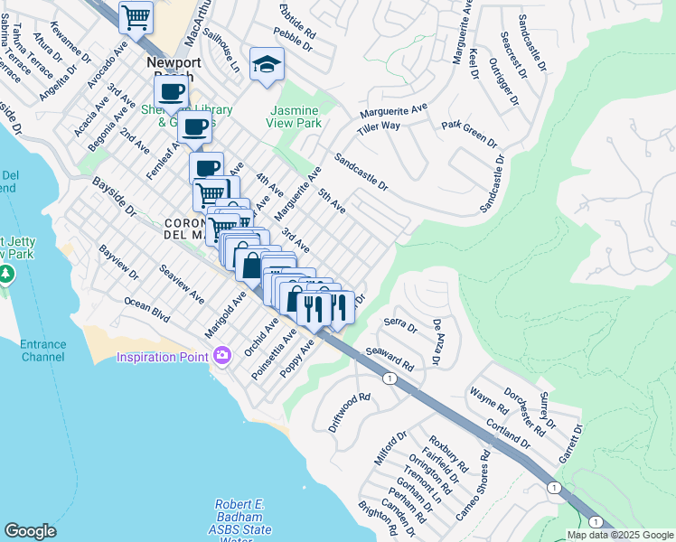 map of restaurants, bars, coffee shops, grocery stores, and more near 601 Poinsettia Avenue in Newport Beach