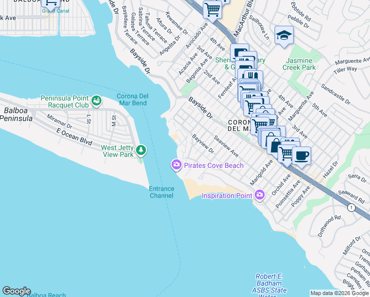map of restaurants, bars, coffee shops, grocery stores, and more near 2812 Ocean Boulevard in Newport Beach