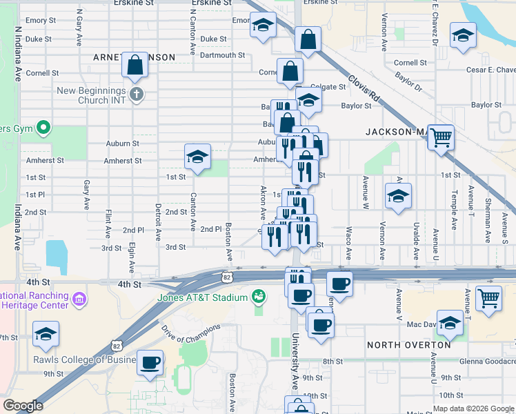 map of restaurants, bars, coffee shops, grocery stores, and more near 2508 Santa Fe Drive in Lubbock