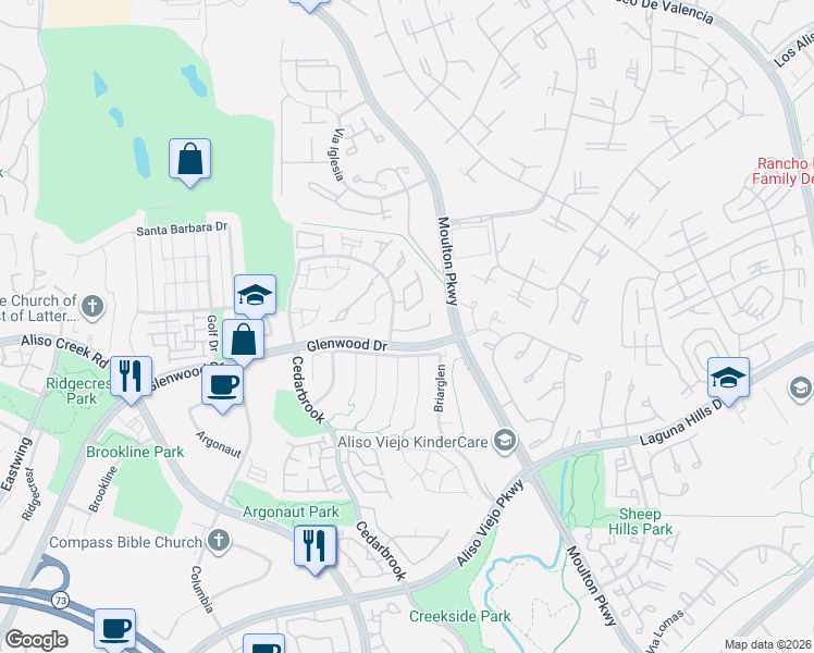 map of restaurants, bars, coffee shops, grocery stores, and more near 23663 Glenwood Drive in Aliso Viejo