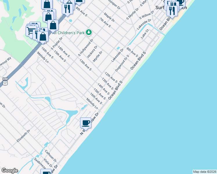 map of restaurants, bars, coffee shops, grocery stores, and more near 112A 14th Avenue South in Surfside Beach