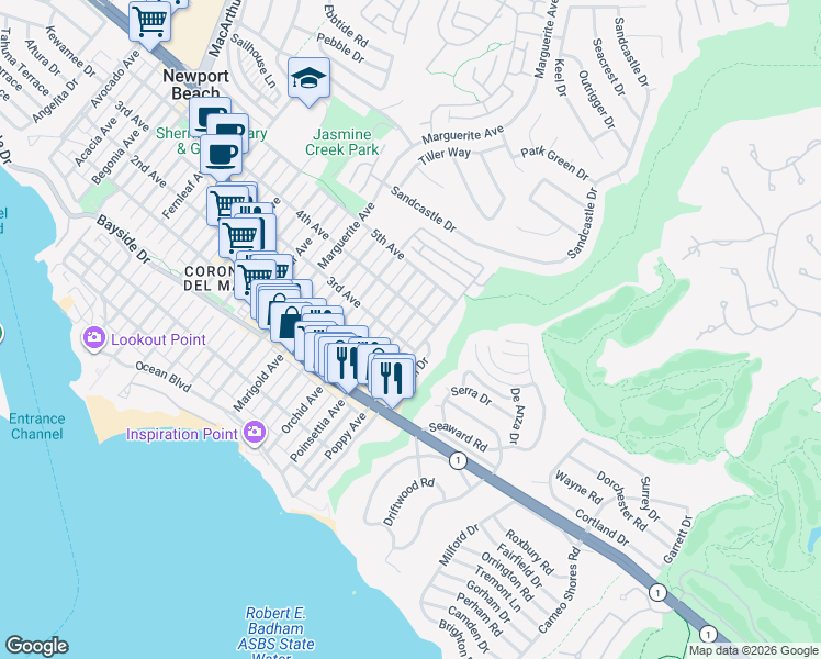 map of restaurants, bars, coffee shops, grocery stores, and more near 608 Poinsettia Avenue in Newport Beach