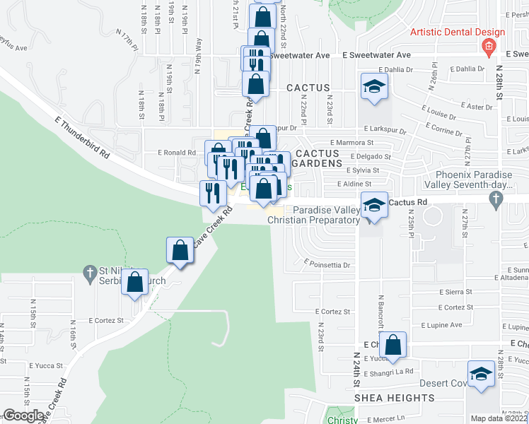 map of restaurants, bars, coffee shops, grocery stores, and more near 2017 East Cactus Road in Phoenix