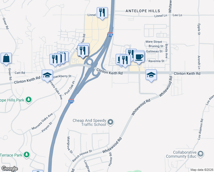 map of restaurants, bars, coffee shops, grocery stores, and more near 36125 Creighton Avenue in Murrieta