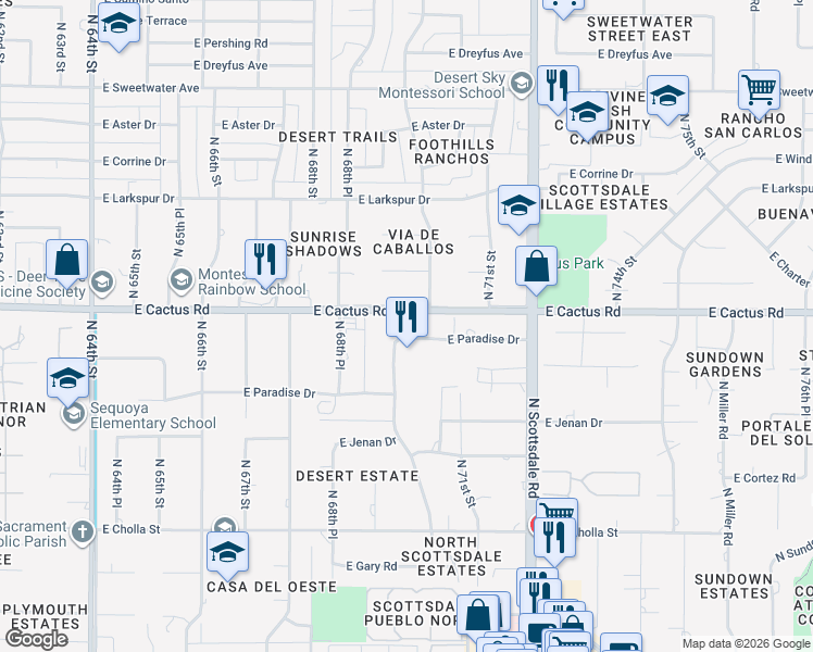 map of restaurants, bars, coffee shops, grocery stores, and more near 7002 East Paradise Drive in Scottsdale
