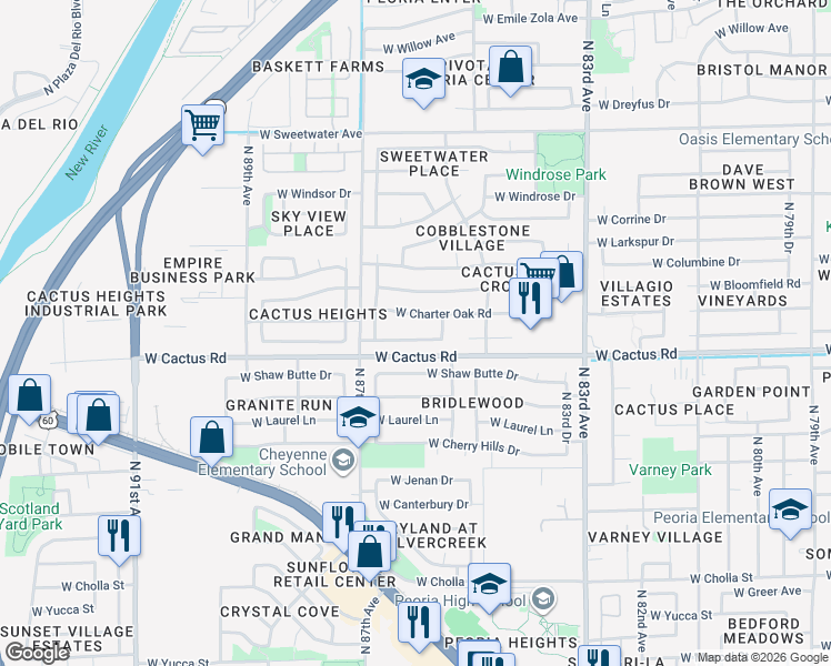 map of restaurants, bars, coffee shops, grocery stores, and more near 8621 West Wethersfield Road in Peoria