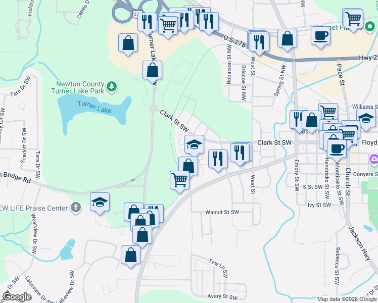 map of restaurants, bars, coffee shops, grocery stores, and more near 4108 Summers Street in Covington