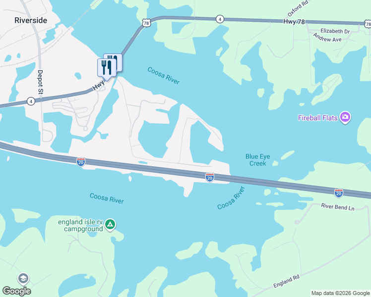 map of restaurants, bars, coffee shops, grocery stores, and more near 520 Coves Point Drive in Riverside