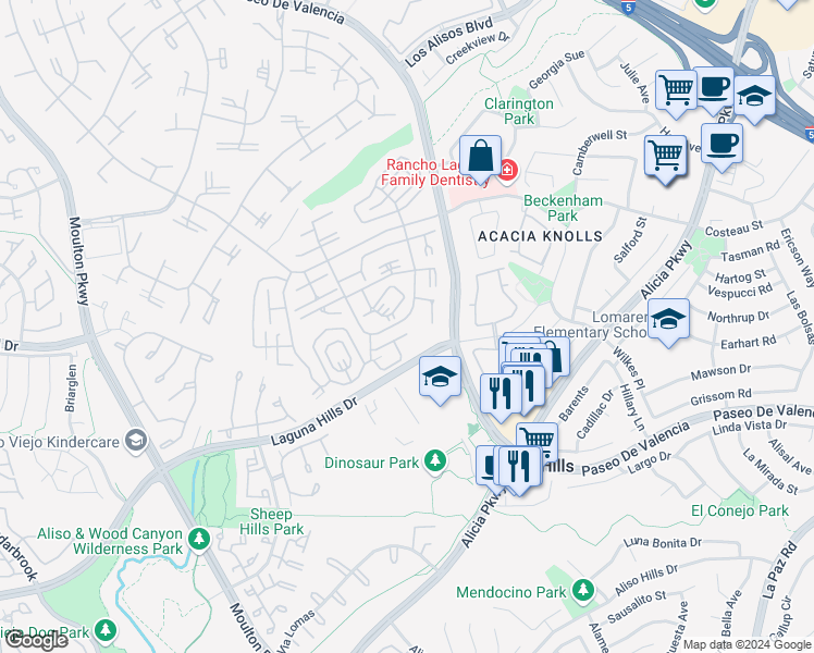 map of restaurants, bars, coffee shops, grocery stores, and more near 804 Ronda Mendoza in Laguna Woods