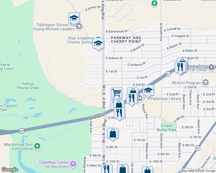 map of restaurants, bars, coffee shops, grocery stores, and more near 1712 East 2nd Place in Lubbock