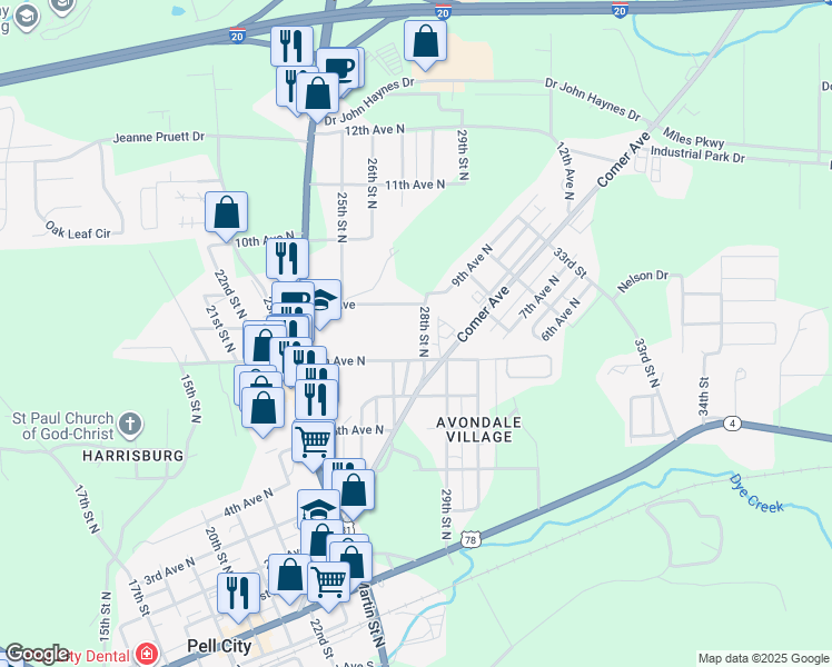 map of restaurants, bars, coffee shops, grocery stores, and more near 701 28th Street in Pell City