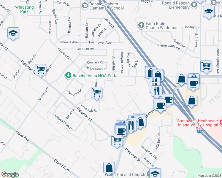 map of restaurants, bars, coffee shops, grocery stores, and more near 23340 Rhinestone Court in Wildomar